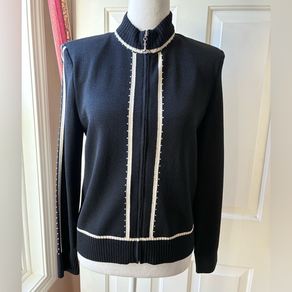 St. John Sport Zip-Up Cardigan Wool Blend Black with Cream Trim Size P (Small)